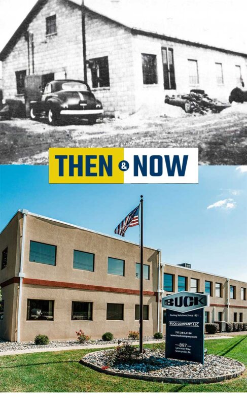then-and-now-graphic showing historical photo and modern headquarters